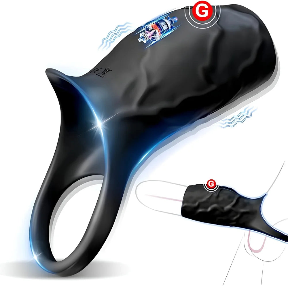Black curved vibrating massager with inset button and blue wave indicator
