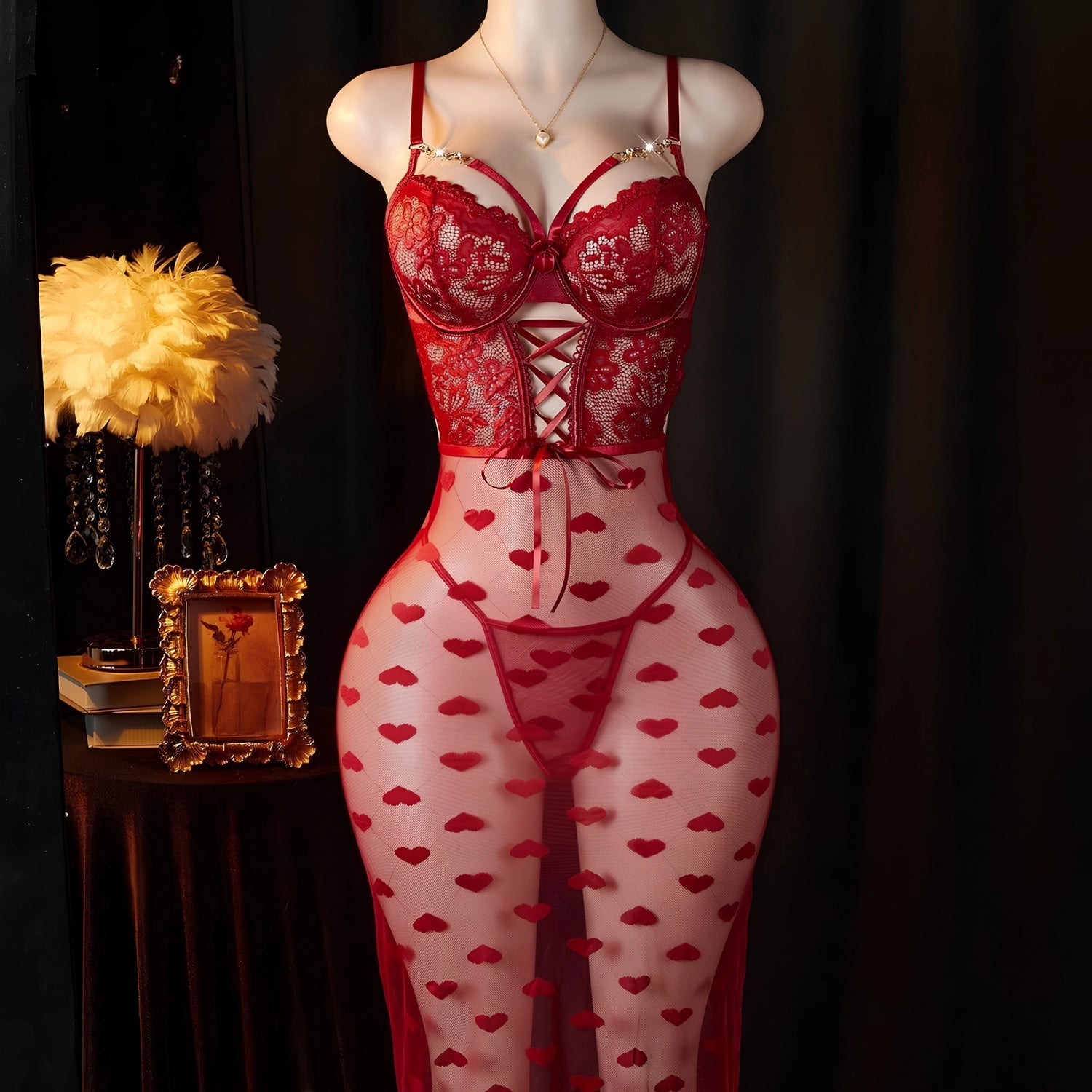 Heart Print Sexy lingerie Lace Babydoll Longgown