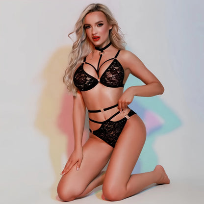 Black lace lingerie set with strappy bra, high-cut briefs, and choker harness
