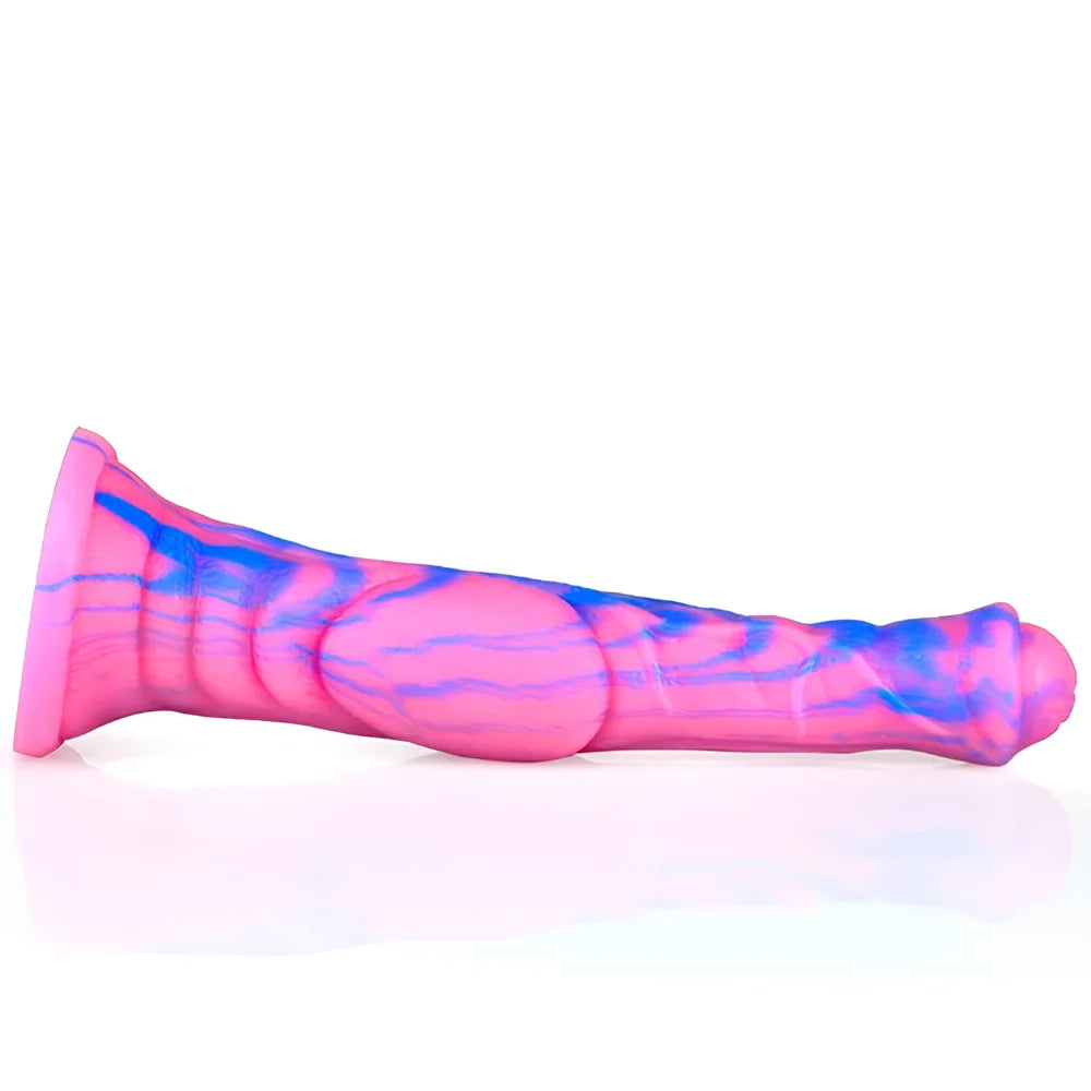 Pink and blue swirled silicone sex toy with flared base and rounded tip