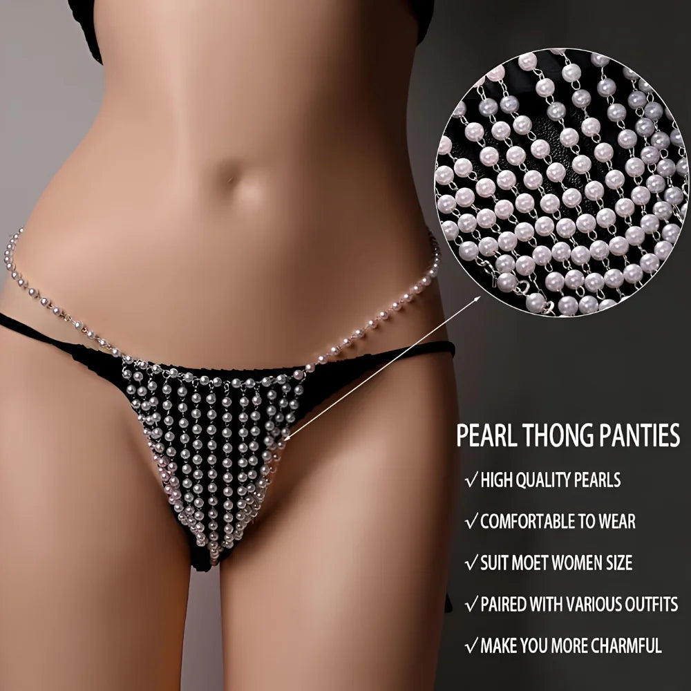 Silver pearl waist chain thong with V-fringe pearls and black thong front