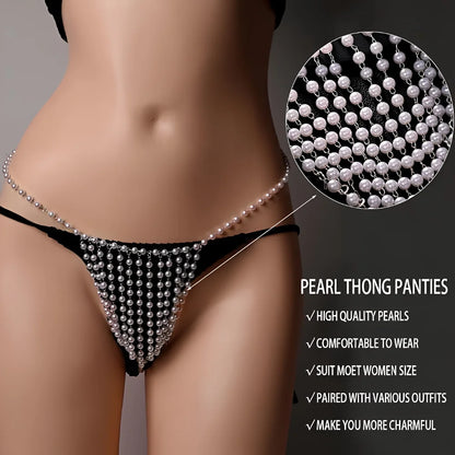 Silver pearl waist chain thong with V-fringe pearls and black thong front