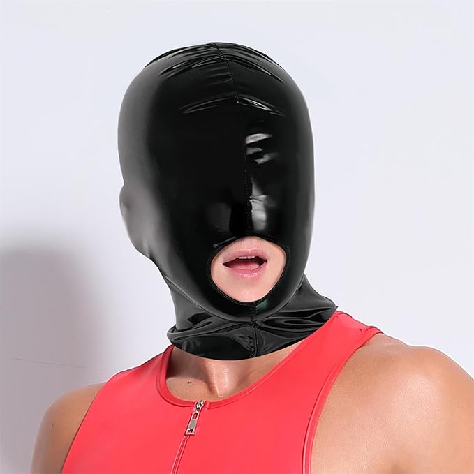 Latex Full Face Bondage Hood Mask with Mouth Opening