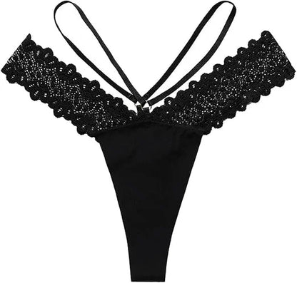 Black Lace "PRINCESS" Letter Double-Strap Thong Panty