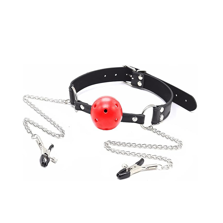 Leather Strap Gag Ball with Nipple Clamps