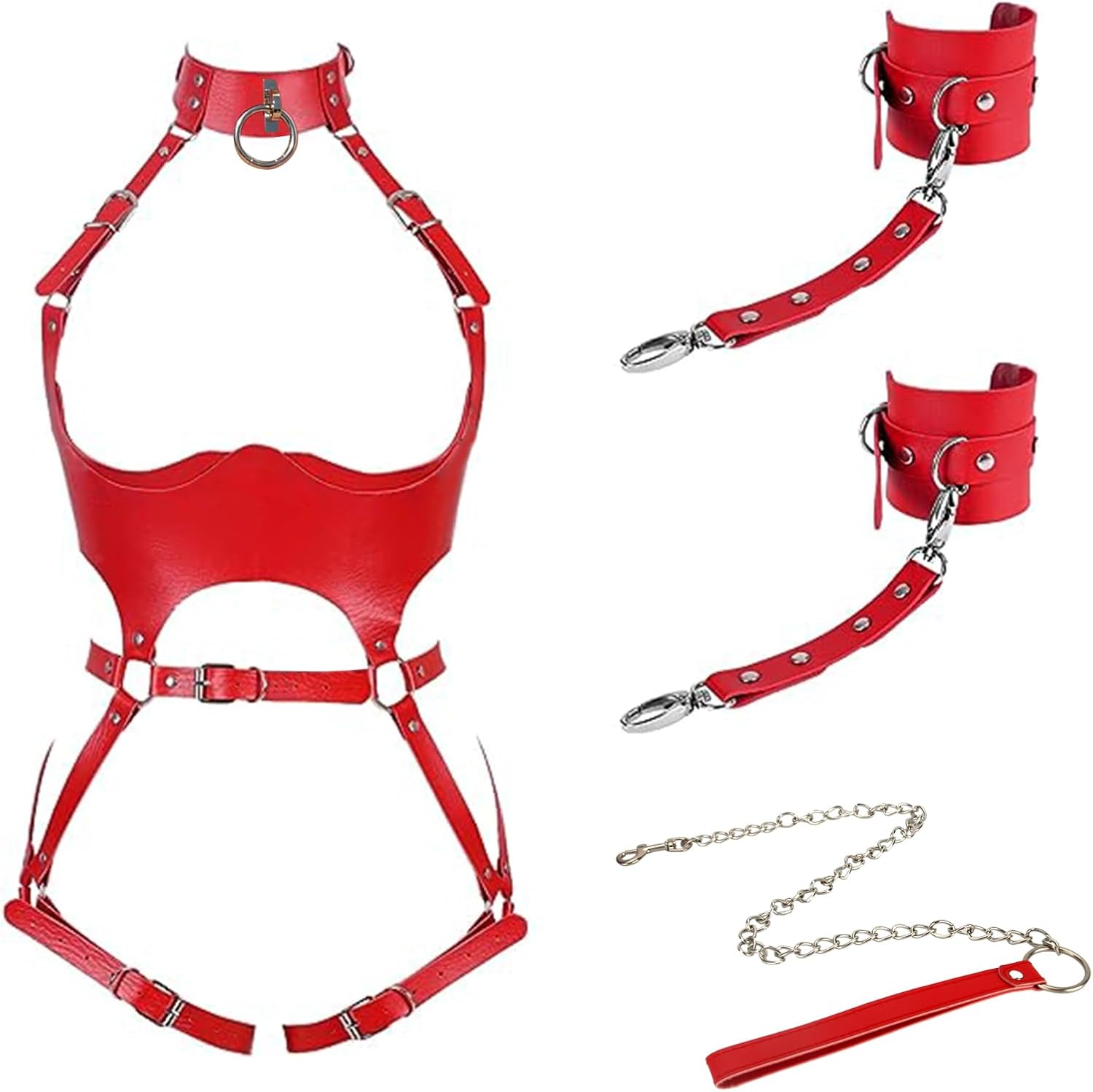 Red Leather Bondage Harness Set with Neck Choker &amp; Handcuff