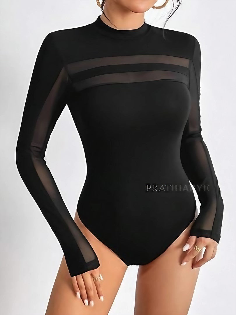 Black Mesh Strip Bodysuit