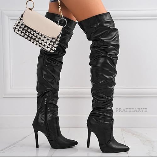 Premium Latex Thigh High Side Zip Pointed Toe Shoes | Black