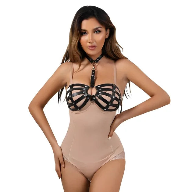 Faux Leather BDSM Harness Bra with Collar