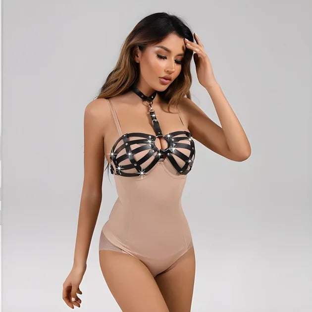 Faux Leather BDSM Harness Bra with Collar