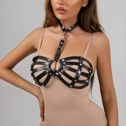 Faux Leather BDSM Harness Bra with Collar