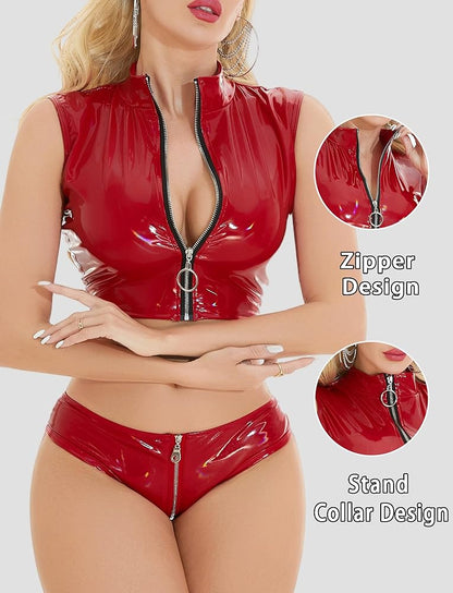 Red Latex Zipper Crop Top Bikini Set