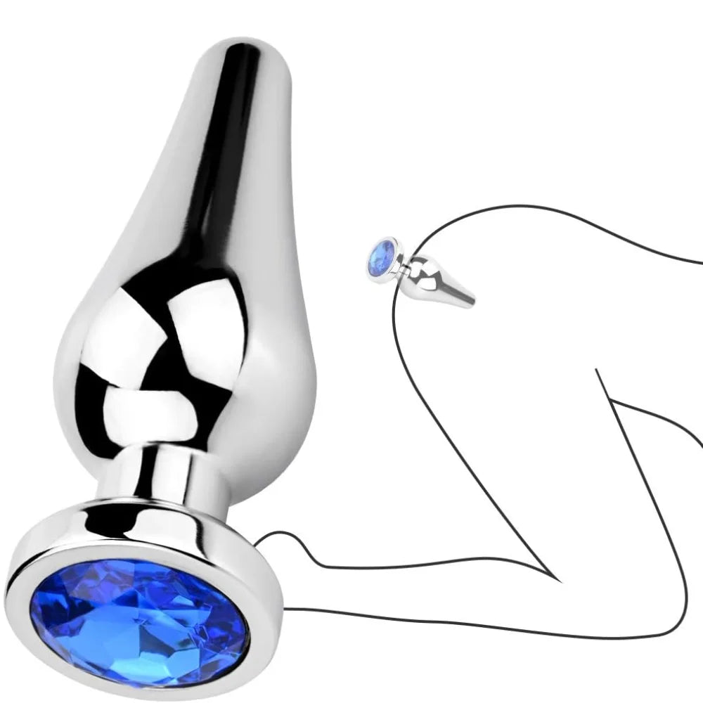 Premium Stainless Steel Silver Anal Plug Blue Jewel