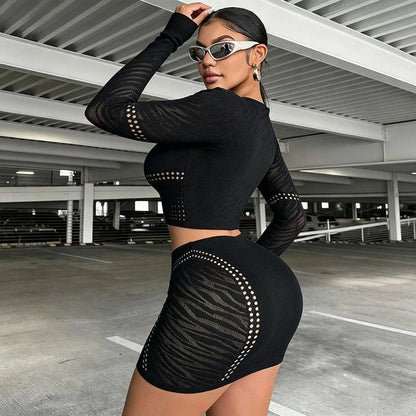 Black Long Sleeve Cutout Top &amp; Mesh Accent Mini Skirt