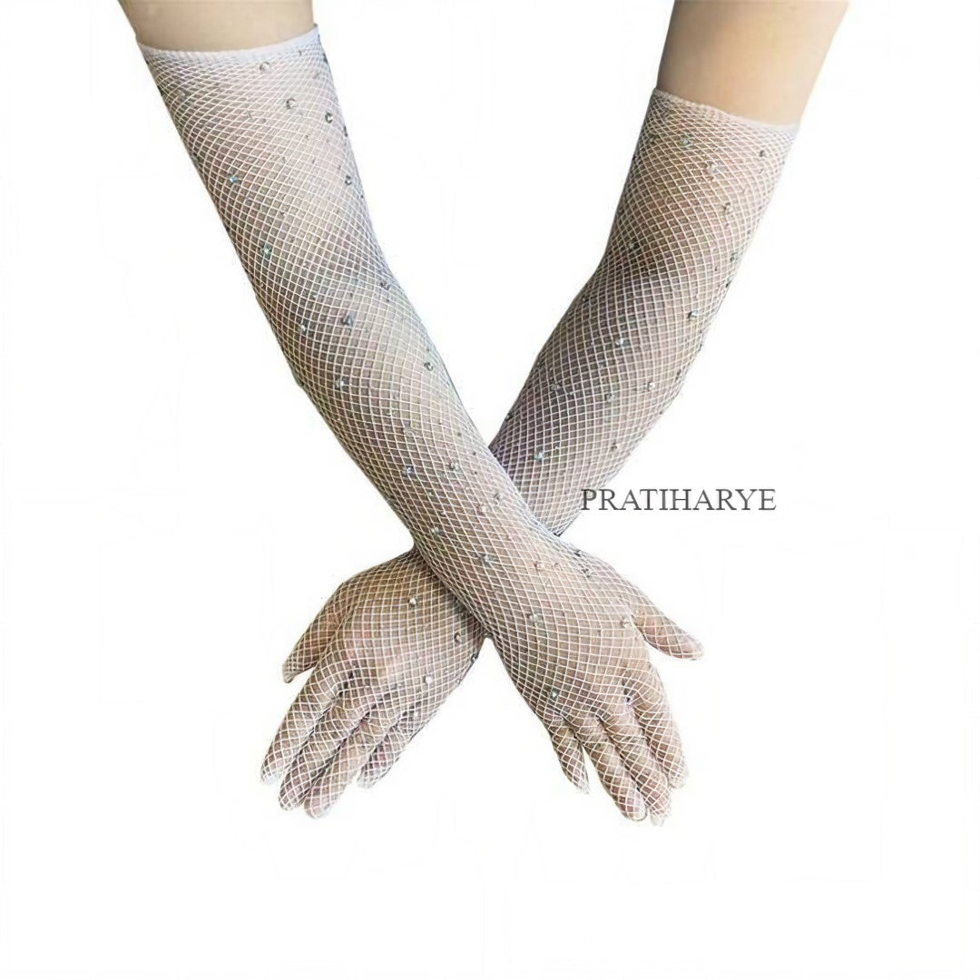 Rhinestone Fishnet Long Gloves