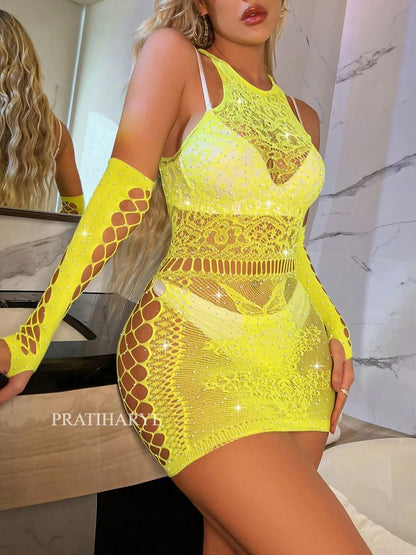 Rhinestones Fishnet Teddy Bodysuit