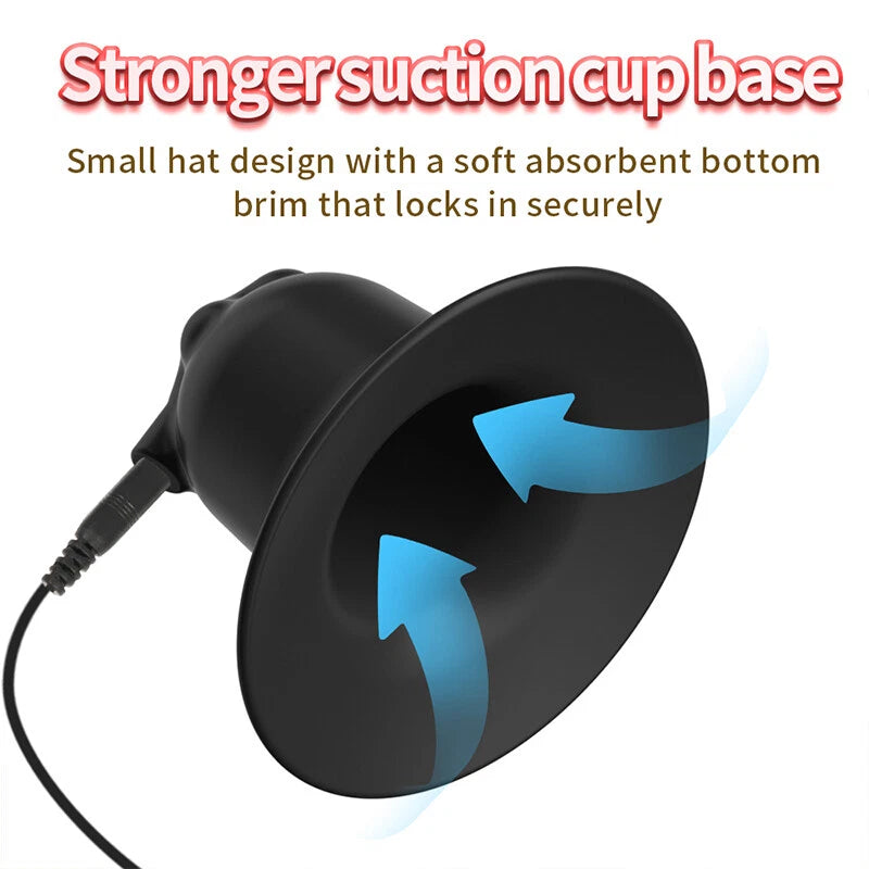 Black suction cup base with text on a white background
