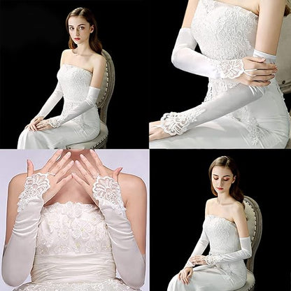 Elegant White Satin Bridal Gloves with Lace Detailing