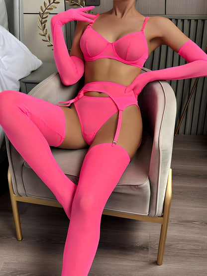 Sexy Lingerie Neon Pink Garter Set with Legs &amp; Gloves