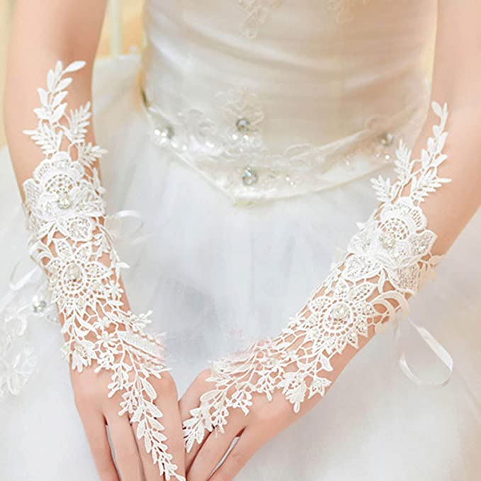 Long Bride Lace Gloves with Crystal Beading