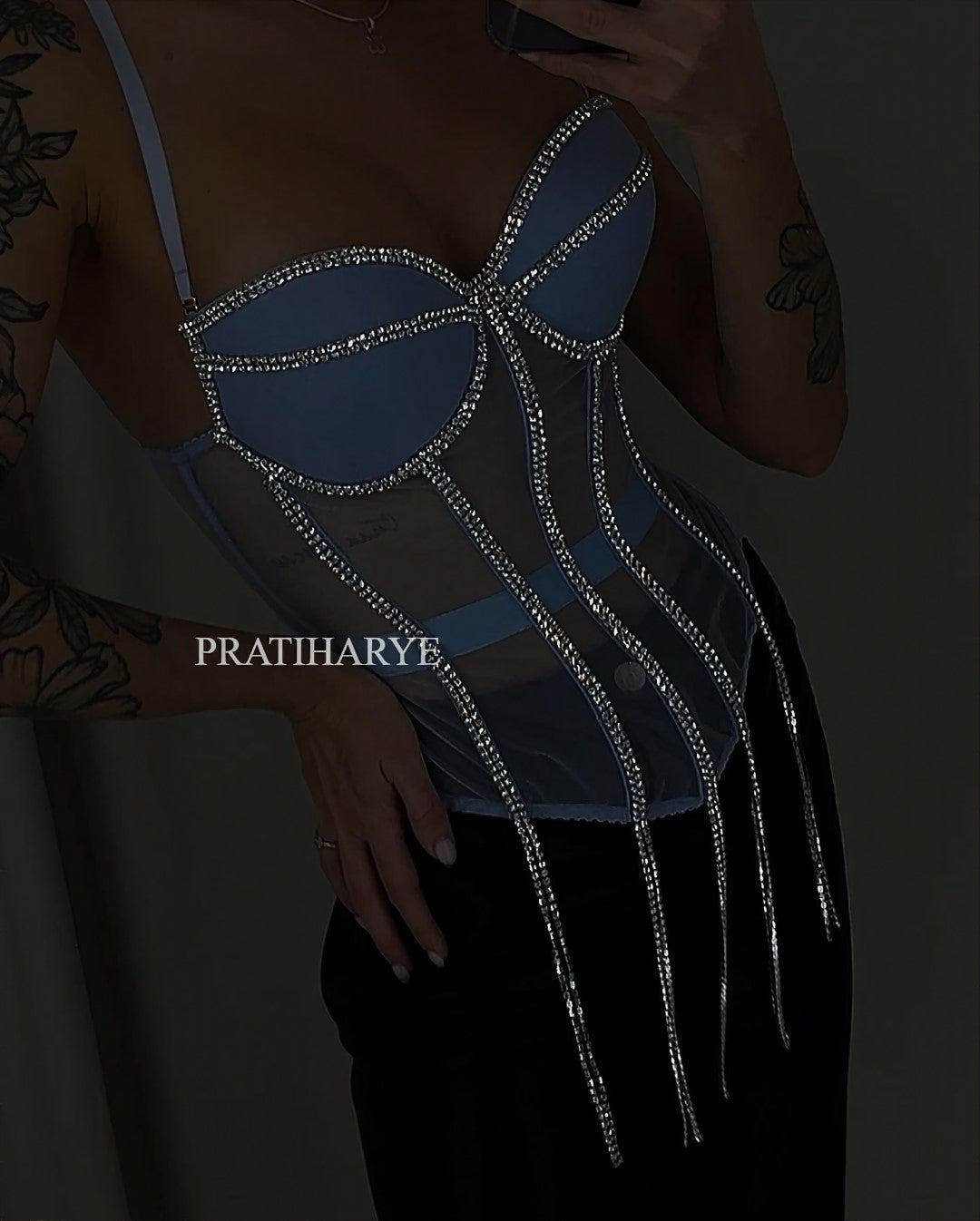 Silver Crystal Chain Corset - 2 Piece Lingerie Set - Fishbone Corset - Underwired - Sparkle Lingerie Set - Corset with Thong