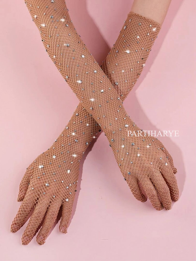 Rhinestone Fishnet Long Gloves