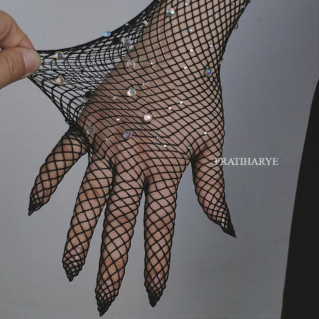 Rhinestone Fishnet Long Gloves