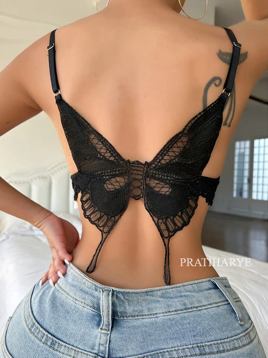 Pratiharye women Butterfly floral Lace Lingerie - Bow Front Floral Lace Bra -  Butterfly Shaped Wireless Bralette Underwear - Sexy Lingerie for Women - Non Padded
