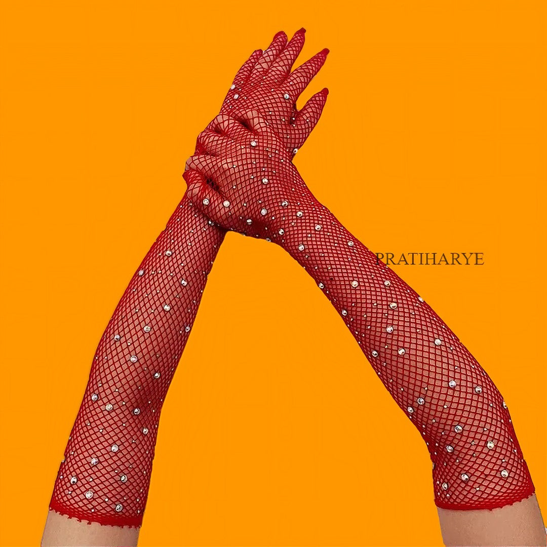 Rhinestone Fishnet Long Gloves