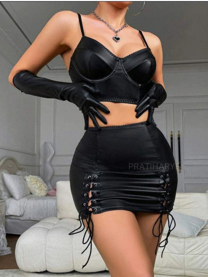 Exotic Latex Punk Gloves Sexy Lingerie Set