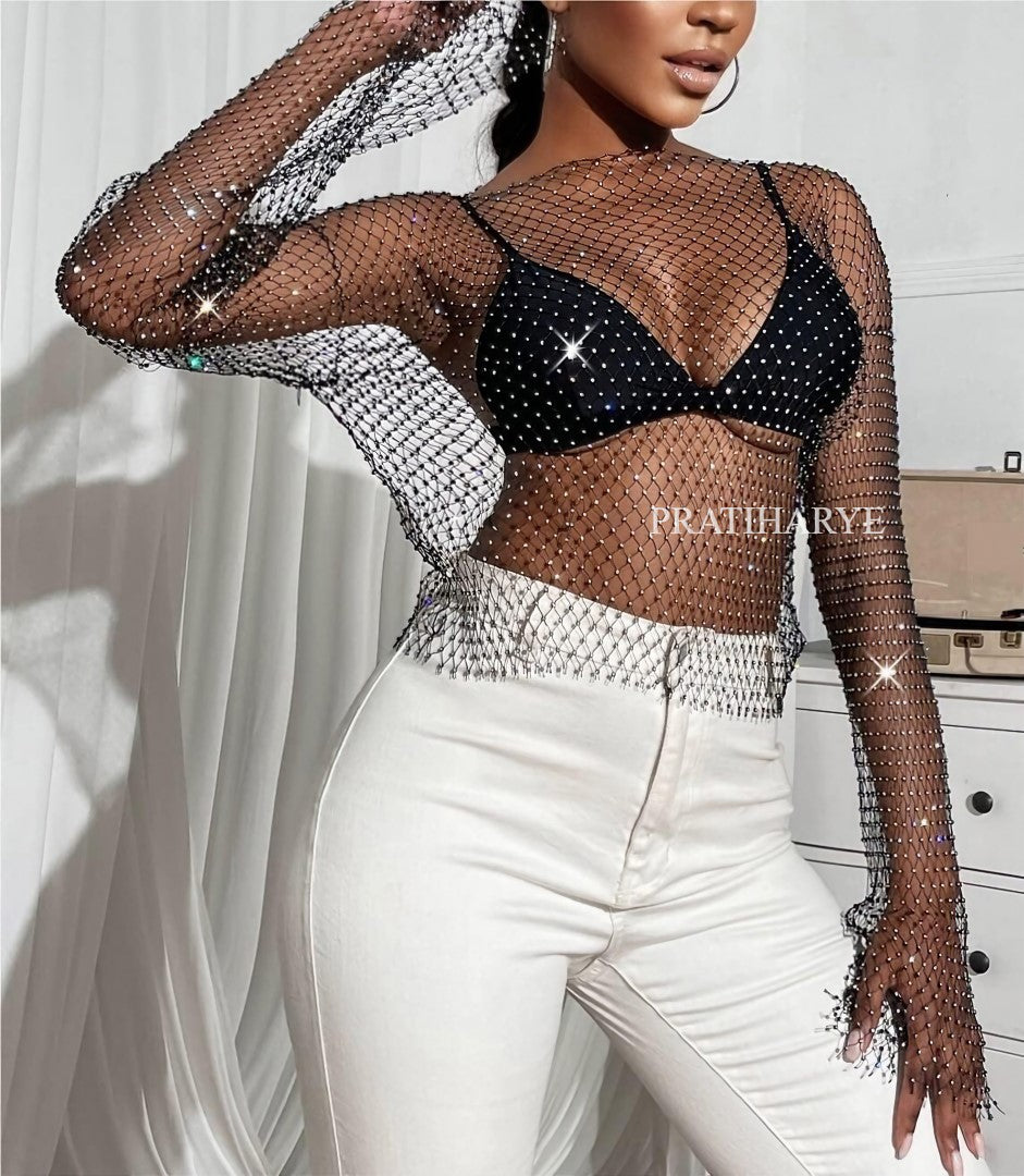 white fishnet crop top - Pratiharye