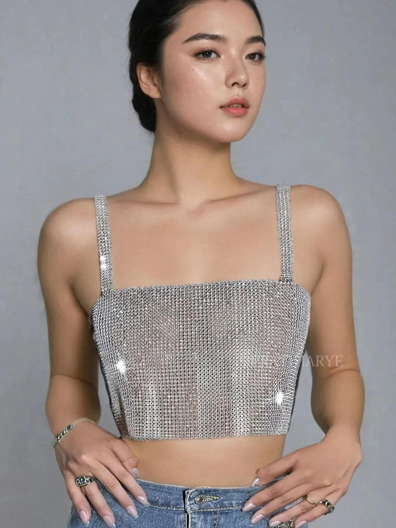 Metallic Square Neckline Crop Top