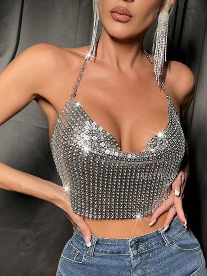 Silver Beaded Cowl Neck Crop Top