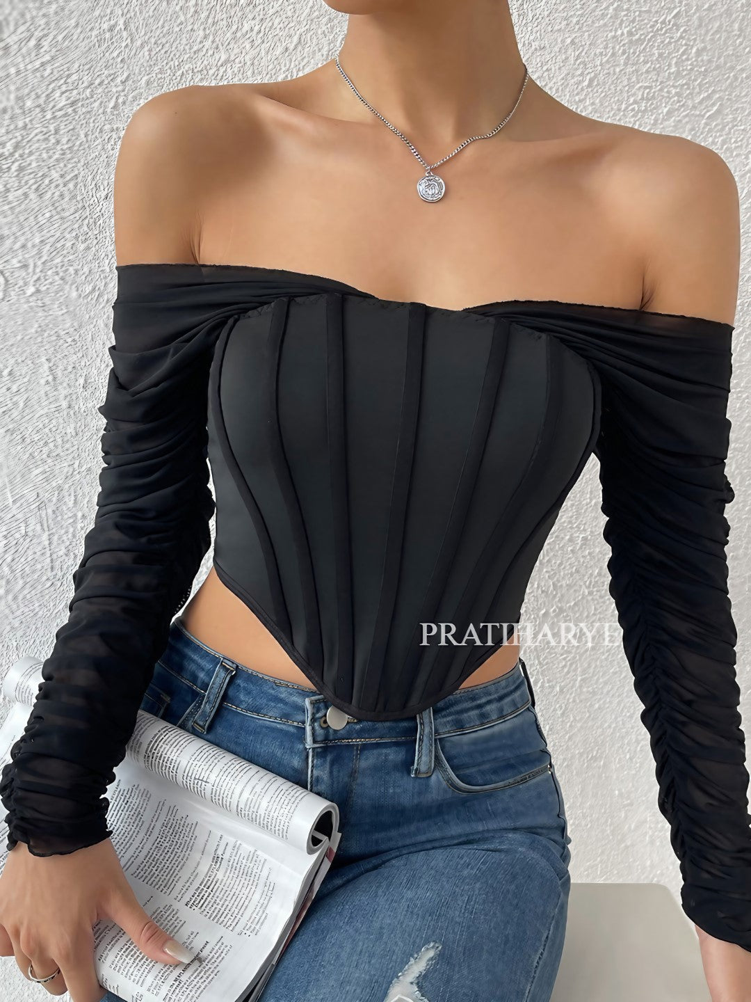 Pratiharye Corset - Corset Tops for Women - Mesh Tie Neck Halter Top Lantern Sleeve Asymmetrical Crop Cami Tops - Solid Halter Tank Top - Fishbone Wrapped Chest - Non-wired