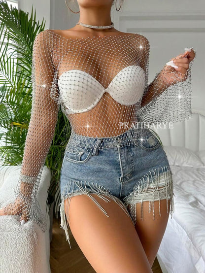 white fishnet crop top - Pratiharye