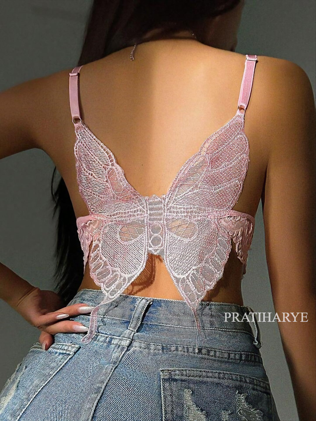 Butterfly floral Lace Lingerie - Bow Front Floral Lace Bra - Butterfly Shaped Wireless Bralette Underwear 