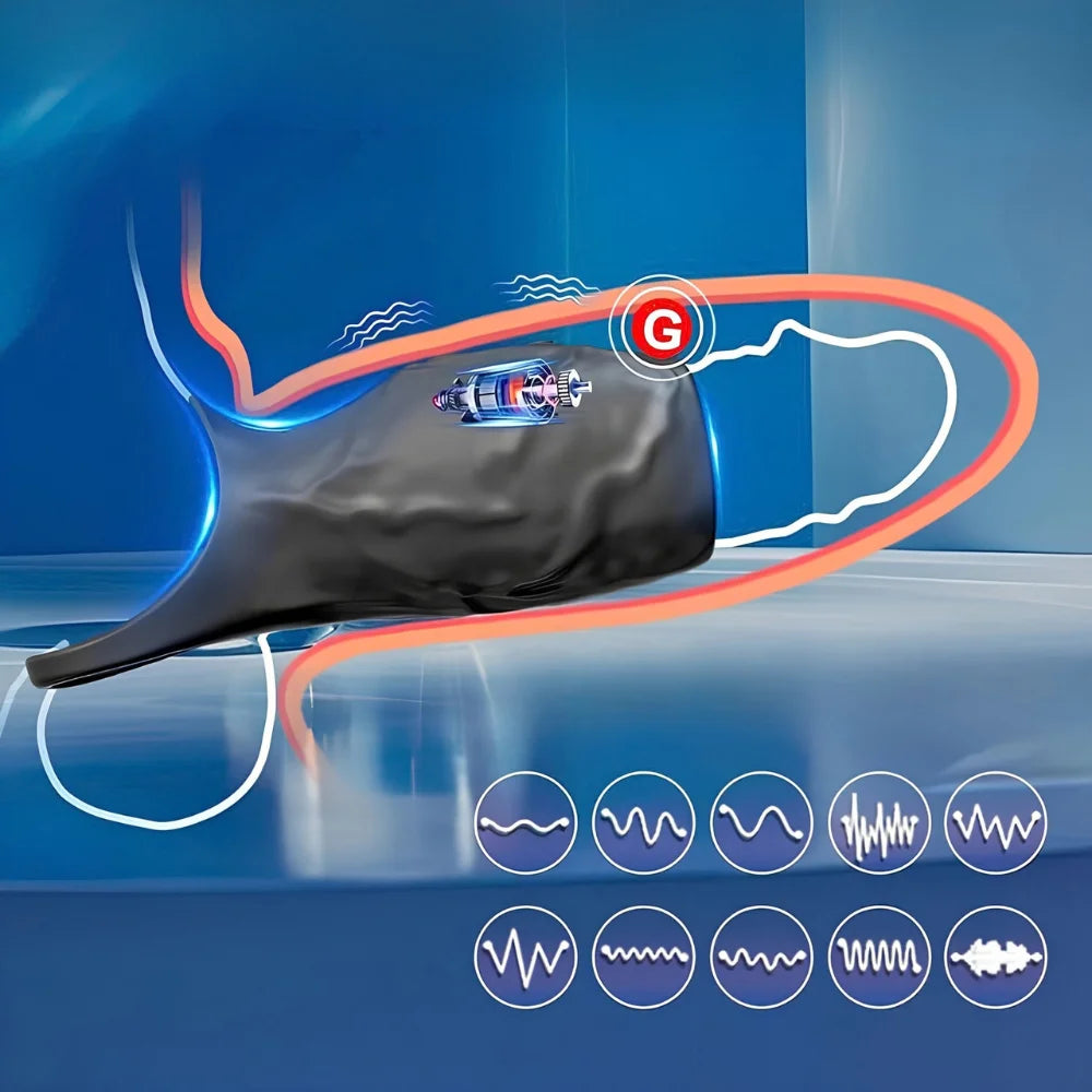 Black vibrating massager with G marking and orange/blue glowing vibration paths