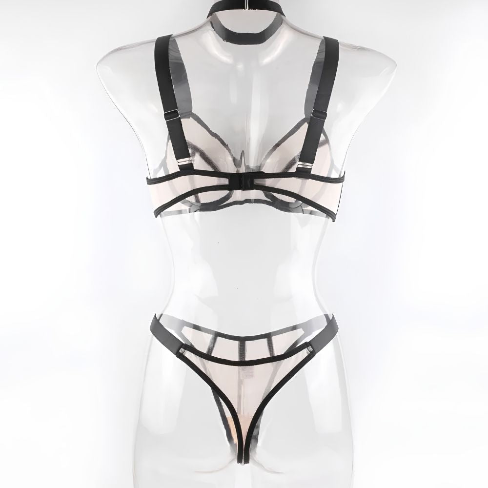 Trending Sheer Contrast Lingerie set with Black Stocking
