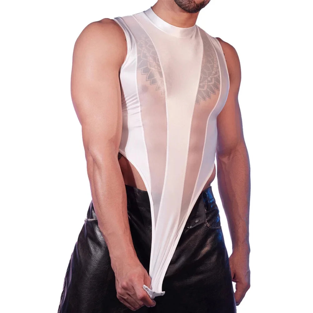 Glossy white sleeveless bodysuit with high-cut leg openings and sheer side panels