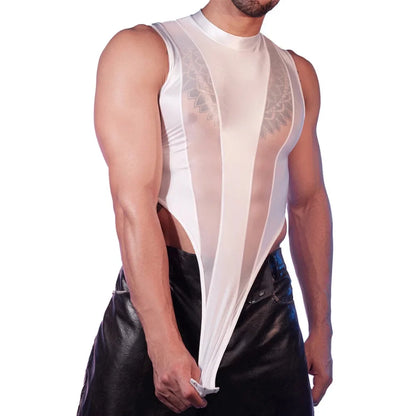 Glossy white sleeveless bodysuit with high-cut leg openings and sheer side panels