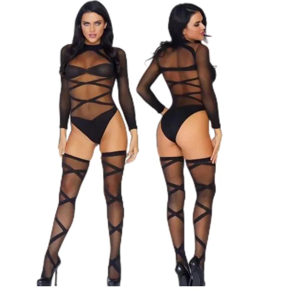 Sheer Strappy Fishnet Bodysuit without Stockings
