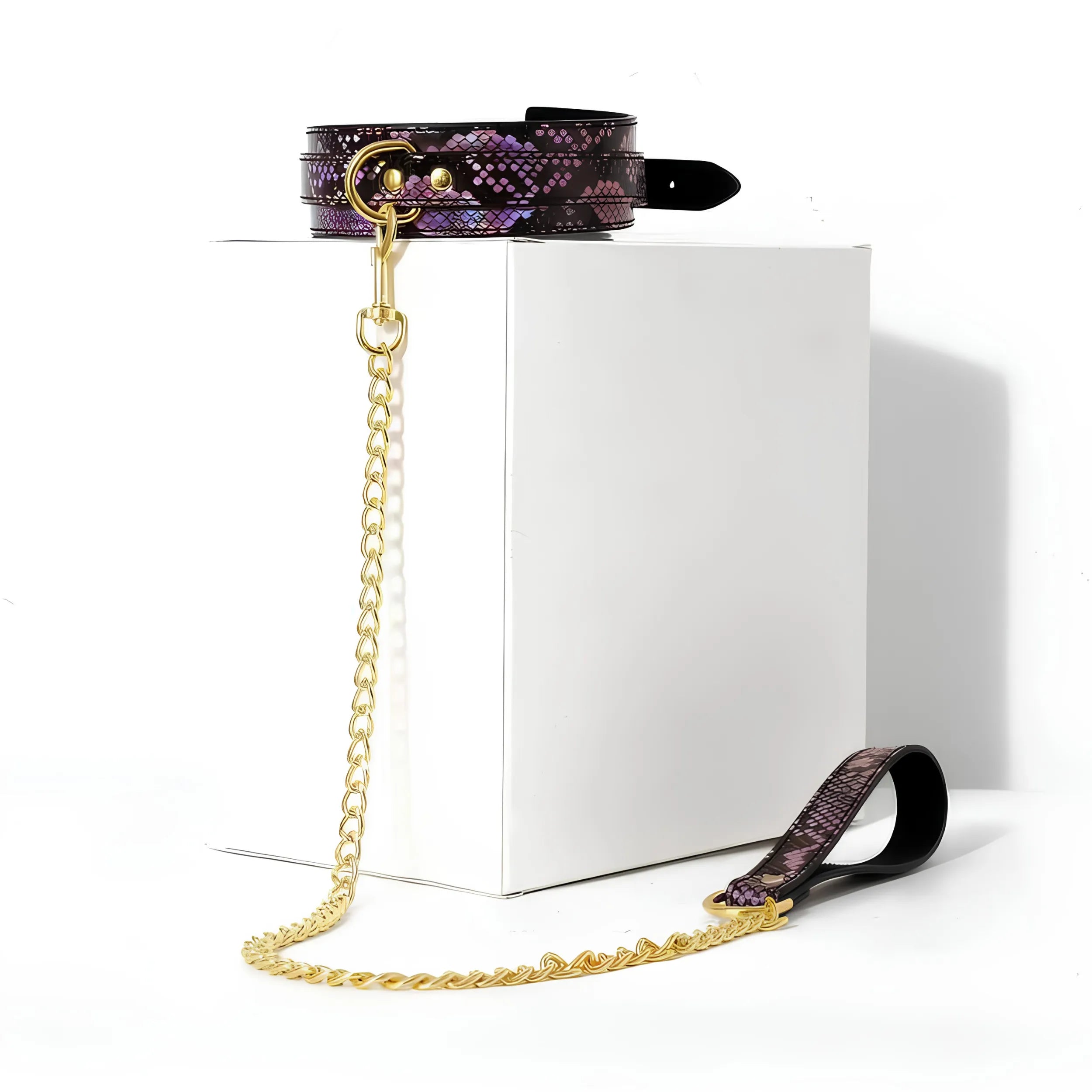 Snake Print BDSM Collar &amp; Cuffs Set with Gold Chain