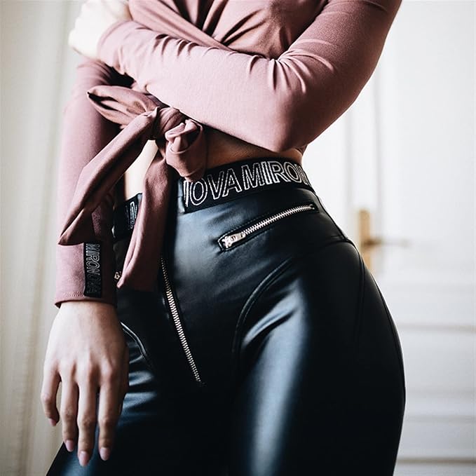 High-Waist Pu Leather Pants with Front Zip Detail
