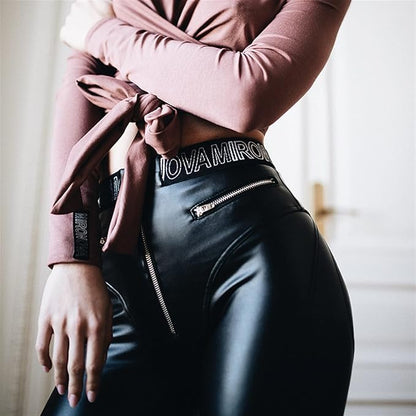 High-Waist Pu Leather Pants with Front Zip Detail