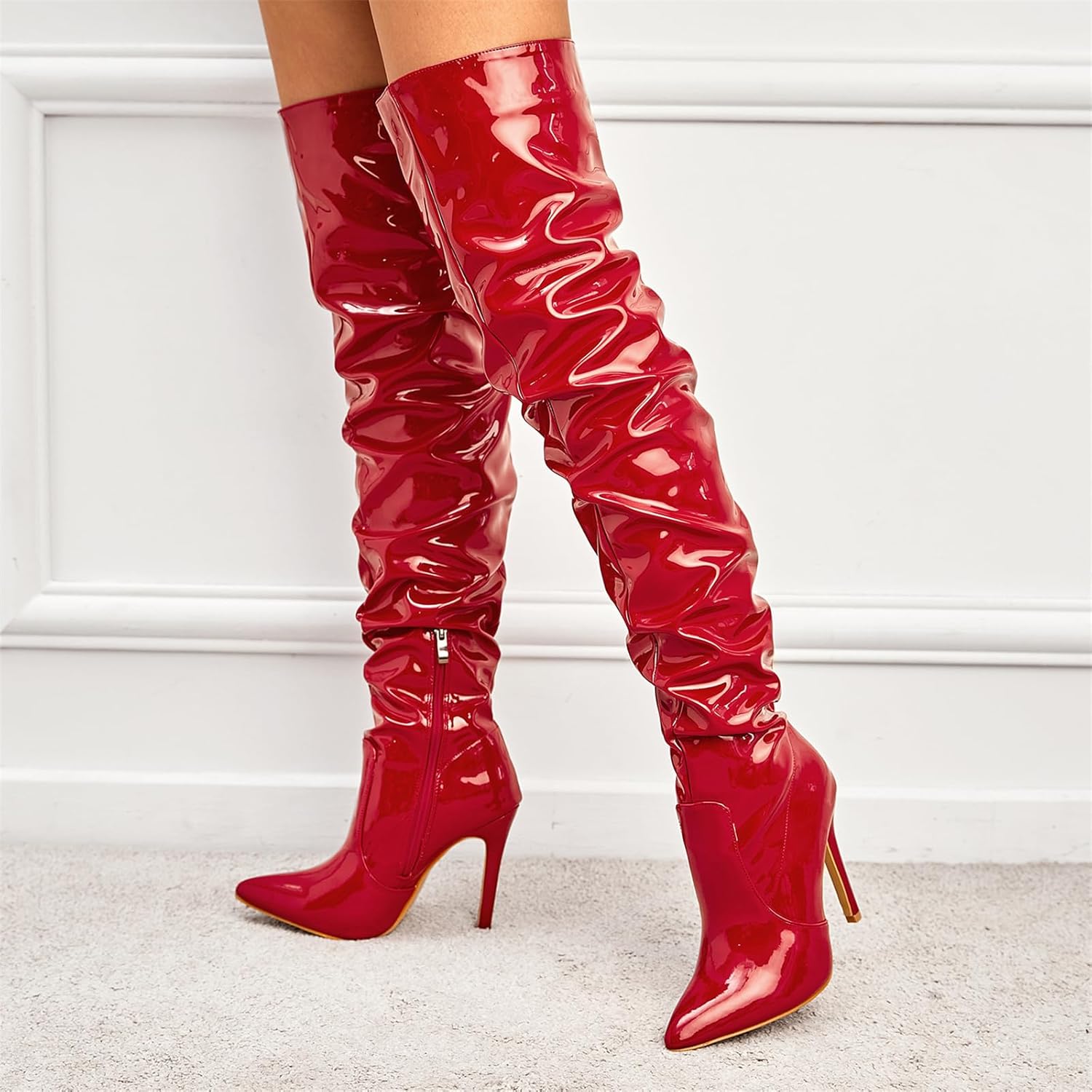 Premium Latex Thigh High Side Zip Pointed Toe Shoes | Red