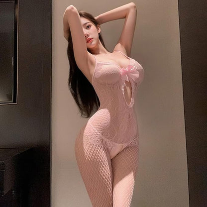 Open Crotch Fishnet Bow Bodystocking