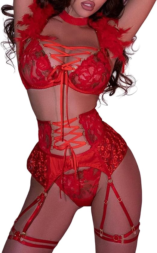 Floral Lace Fur Ribbon Sexy Garter Lingerie Set
