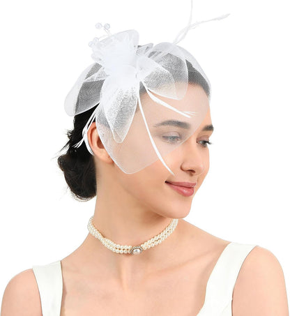 Elegant Black Net Pearl Fascinators Hat with Hairband