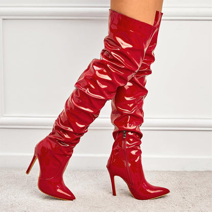 Premium Latex Thigh High Side Zip Pointed Toe Shoes | Red