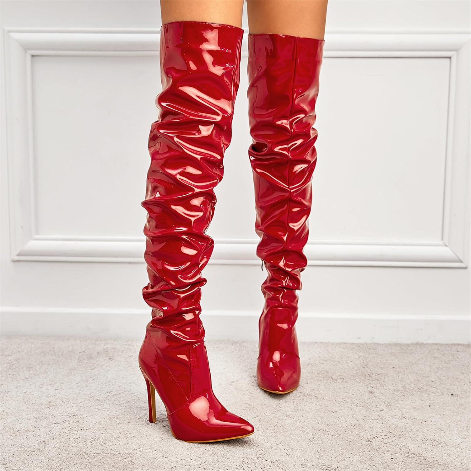 Premium Latex Thigh High Side Zip Pointed Toe Shoes | Red